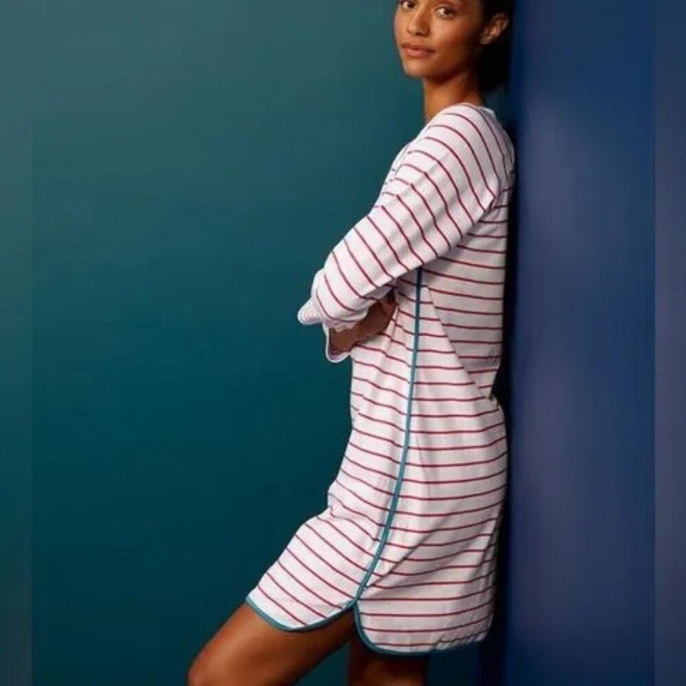 LAKE Pima Long Sleeve Striped Nightgown In Ruby
